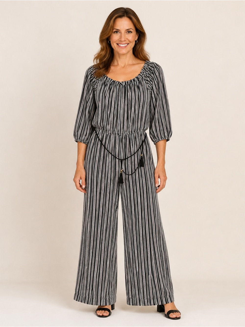 Derek Heart Size M Striped Wide Leg Jumpsuit Belted